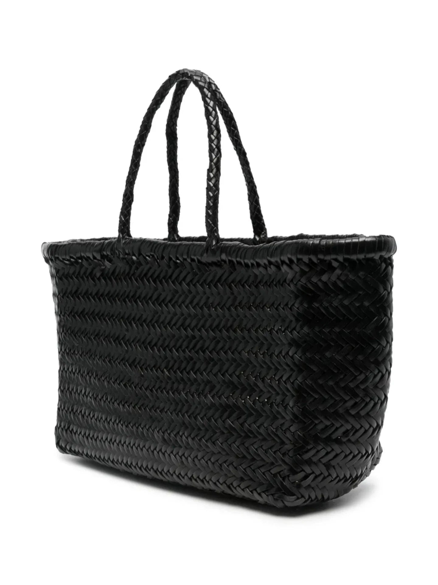 Black woven handbag on a white background