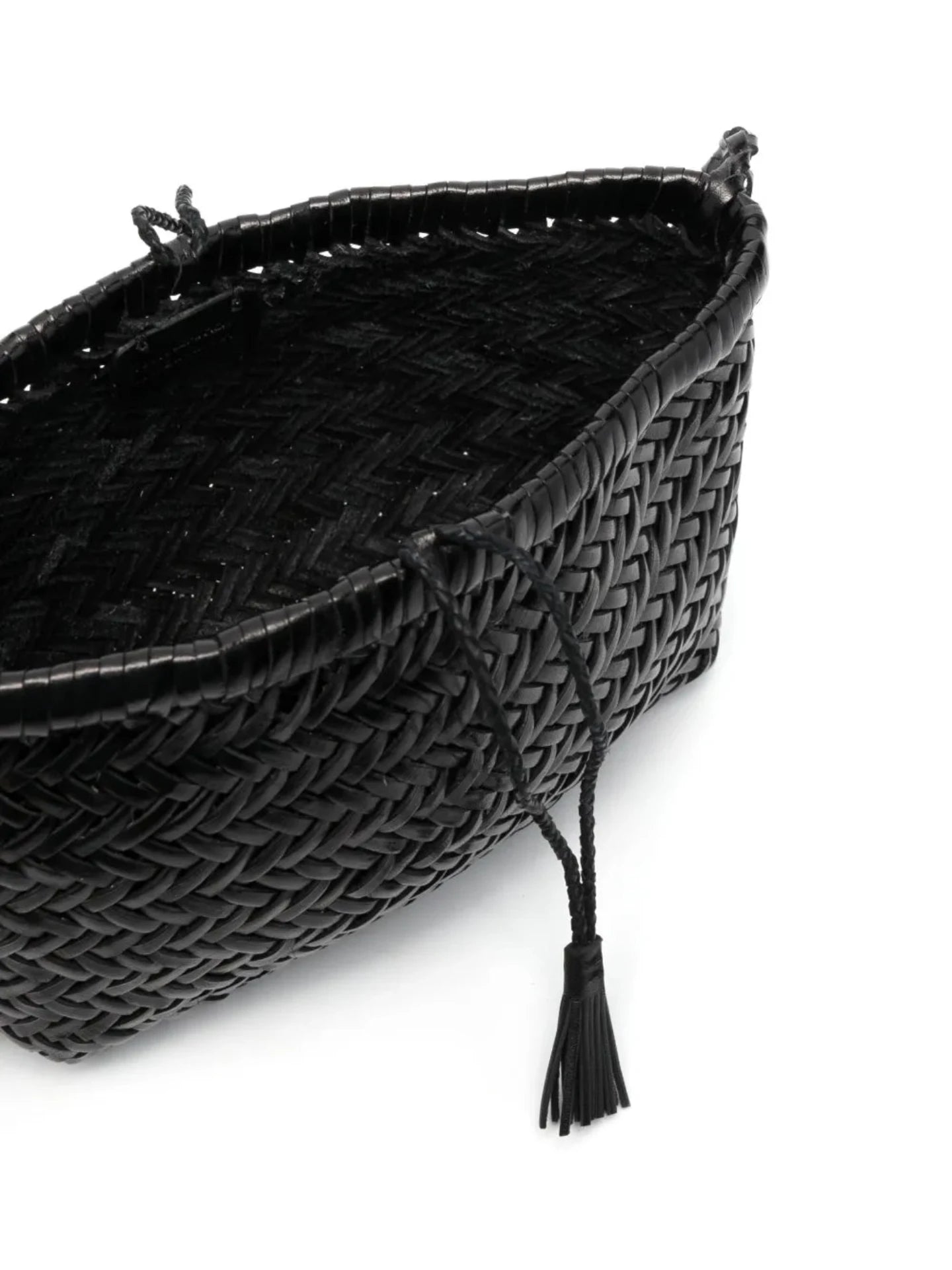 Black woven clutch bag with tassel on a white background
