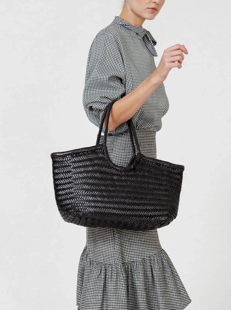 Nantucket big woven leather basket bag, black