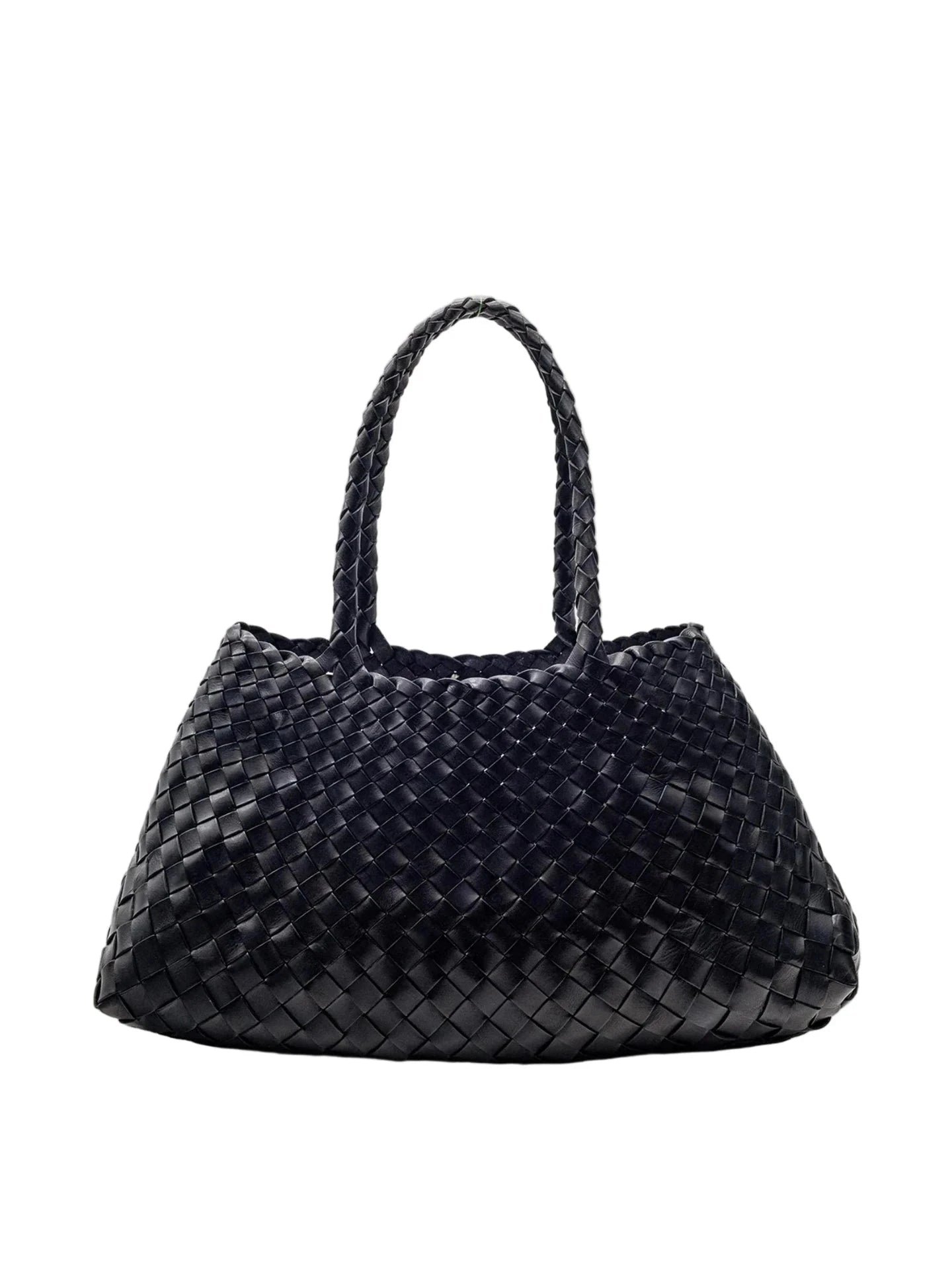 Black woven handbag on a white background