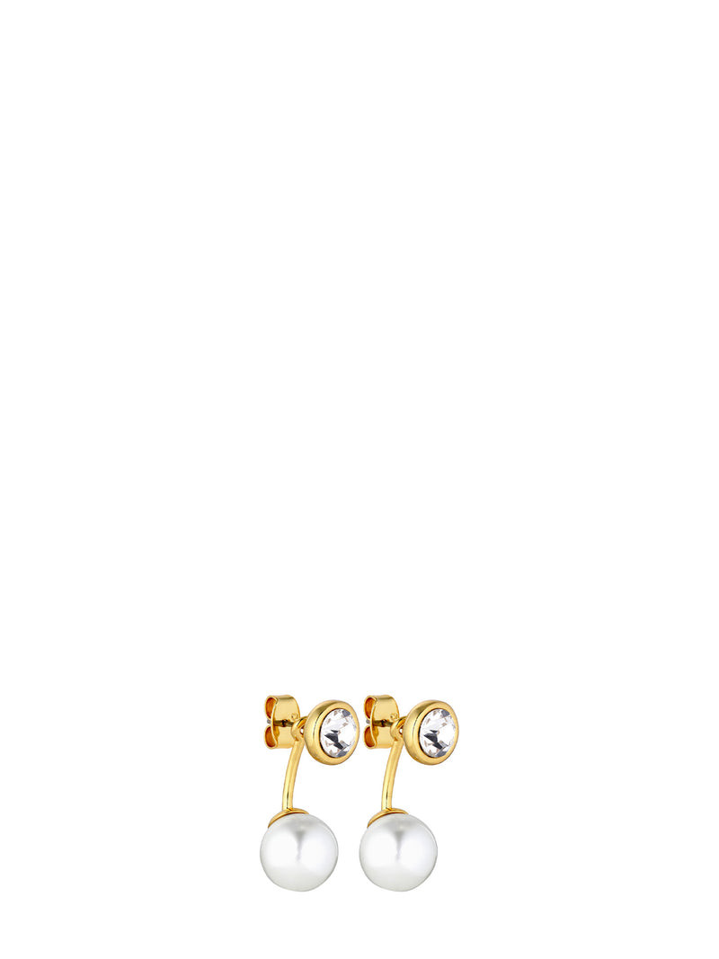 Stud gold earrings with round pearls and clear crystal stones on a white background