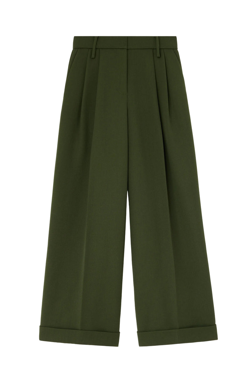 A pair of olive green wide-leg cropped trousers with a pleated front and rolled cuffs, shown flat against a solid white background.