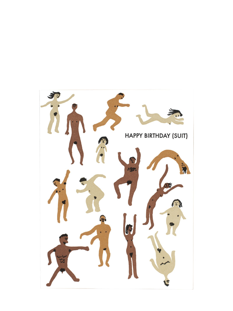A white rectangular card featuring minimalist illustrations of various human figures of different skin colours from deep to brown and beige in the nude in different poses, with the text 'HAPPY BIRTHDAY (SUIT)' printed near the top center.
