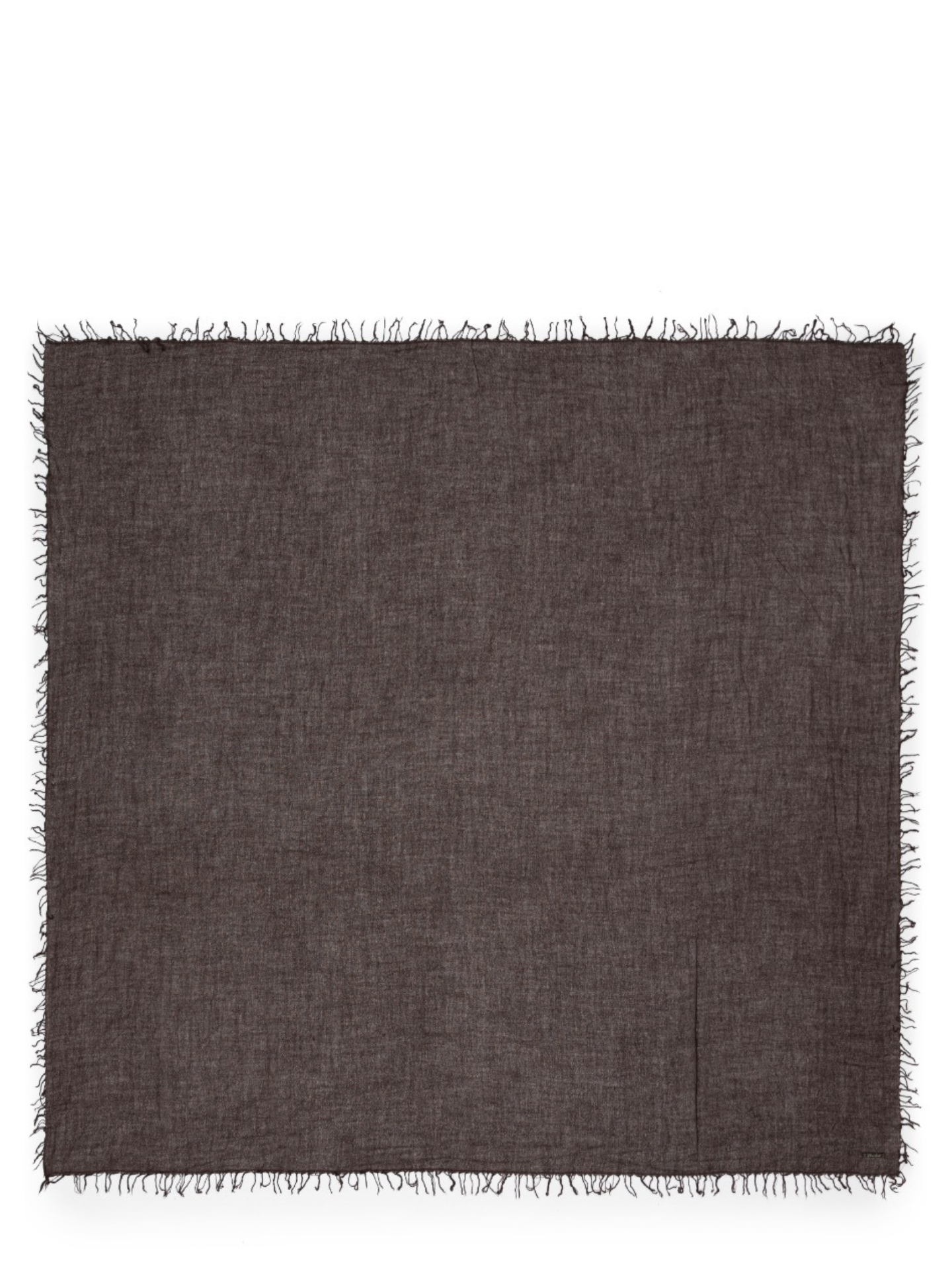 Dark brown square scarf with fringed edges on a white background