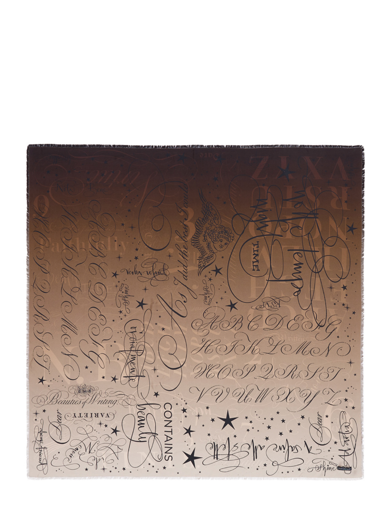 Silk scarf with decorative lettering on a white background