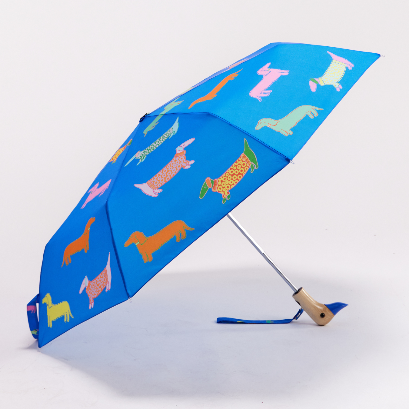 Dachshund print duck umbrella, dogs in blue