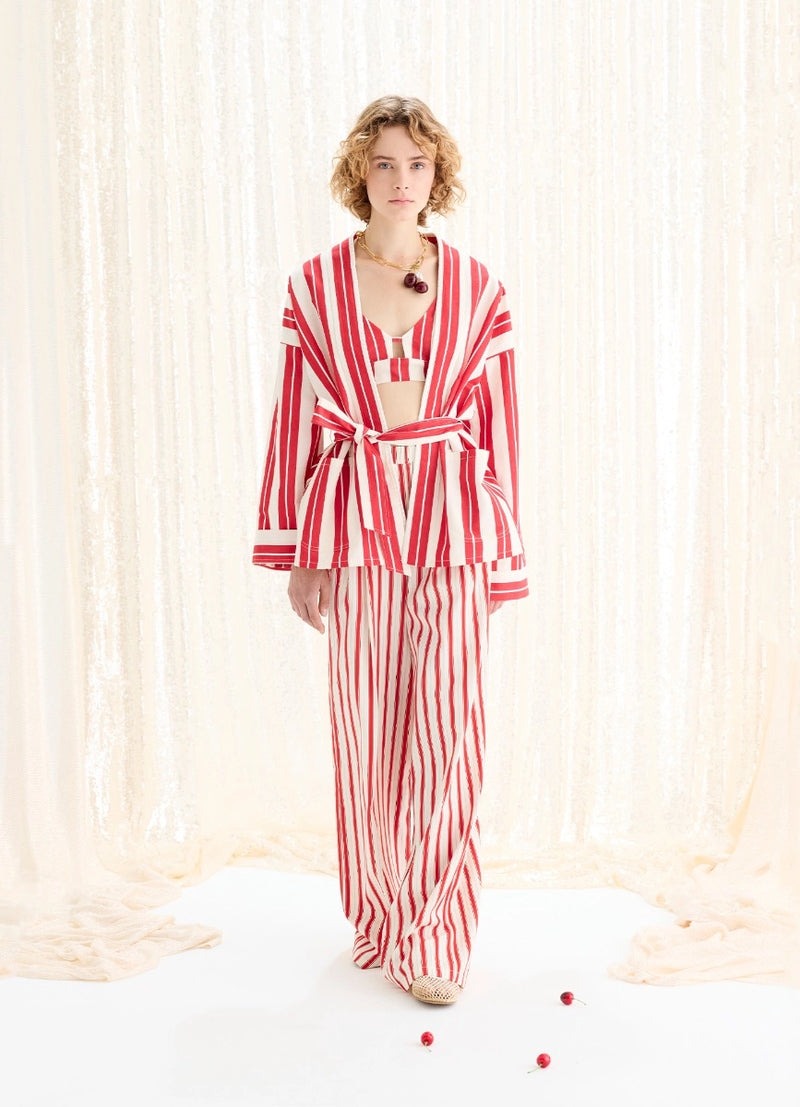 Chic striped cotton linen coat with embroidery, red-white