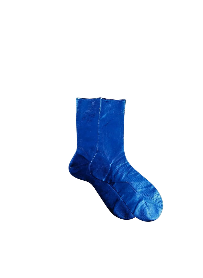 Blue laminated silk yarn socks on a light gray background