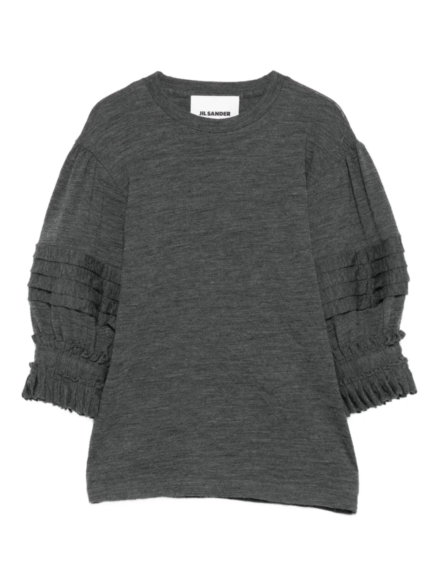 Gray sweater with ruffled sleeves on a white background