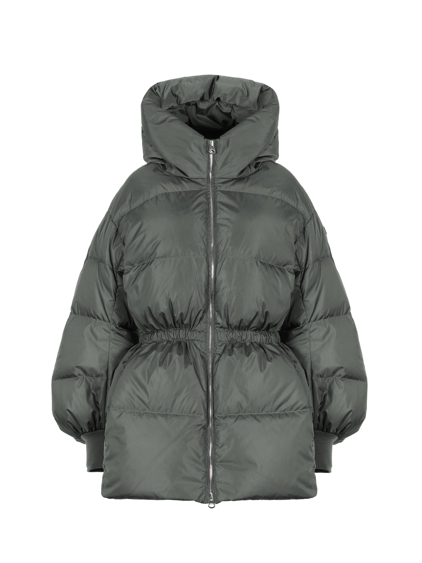 Grey puffer jacket on a white background