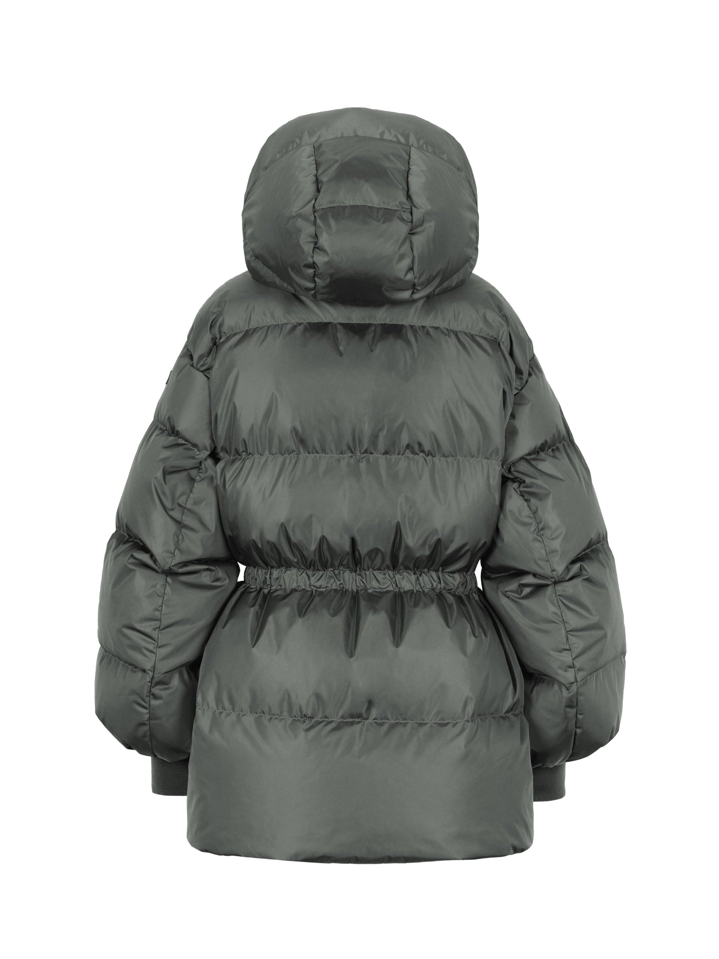 Grey puffer jacket with a hood on a white background
