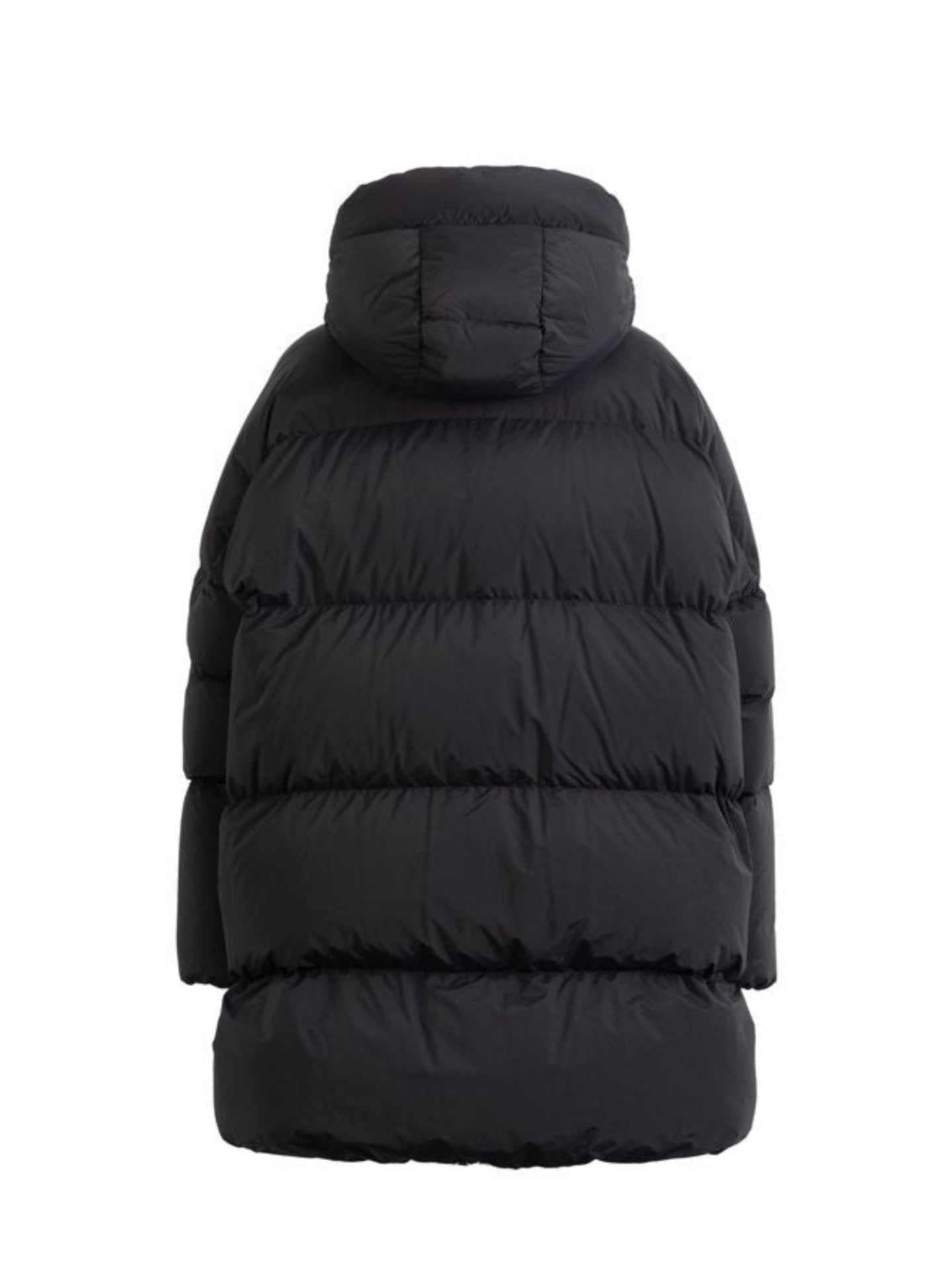 Black puffer coat on a white background