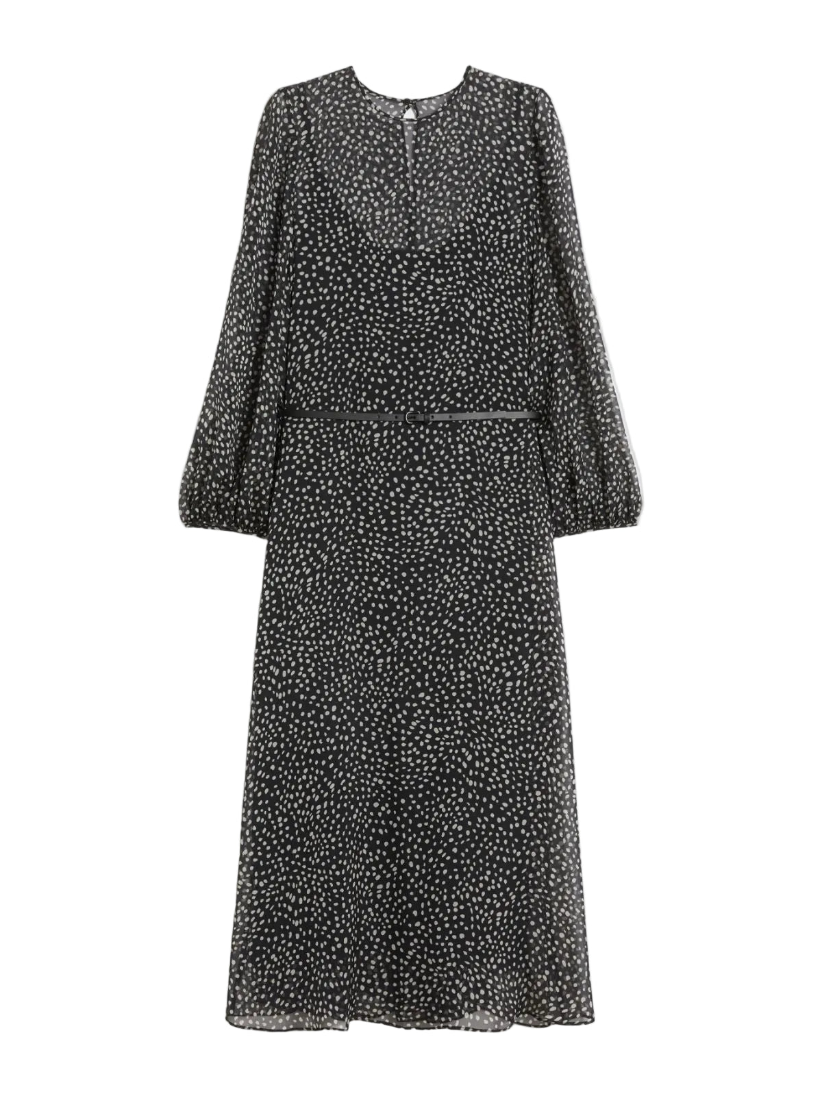 Black and white polka dot dress on a white background