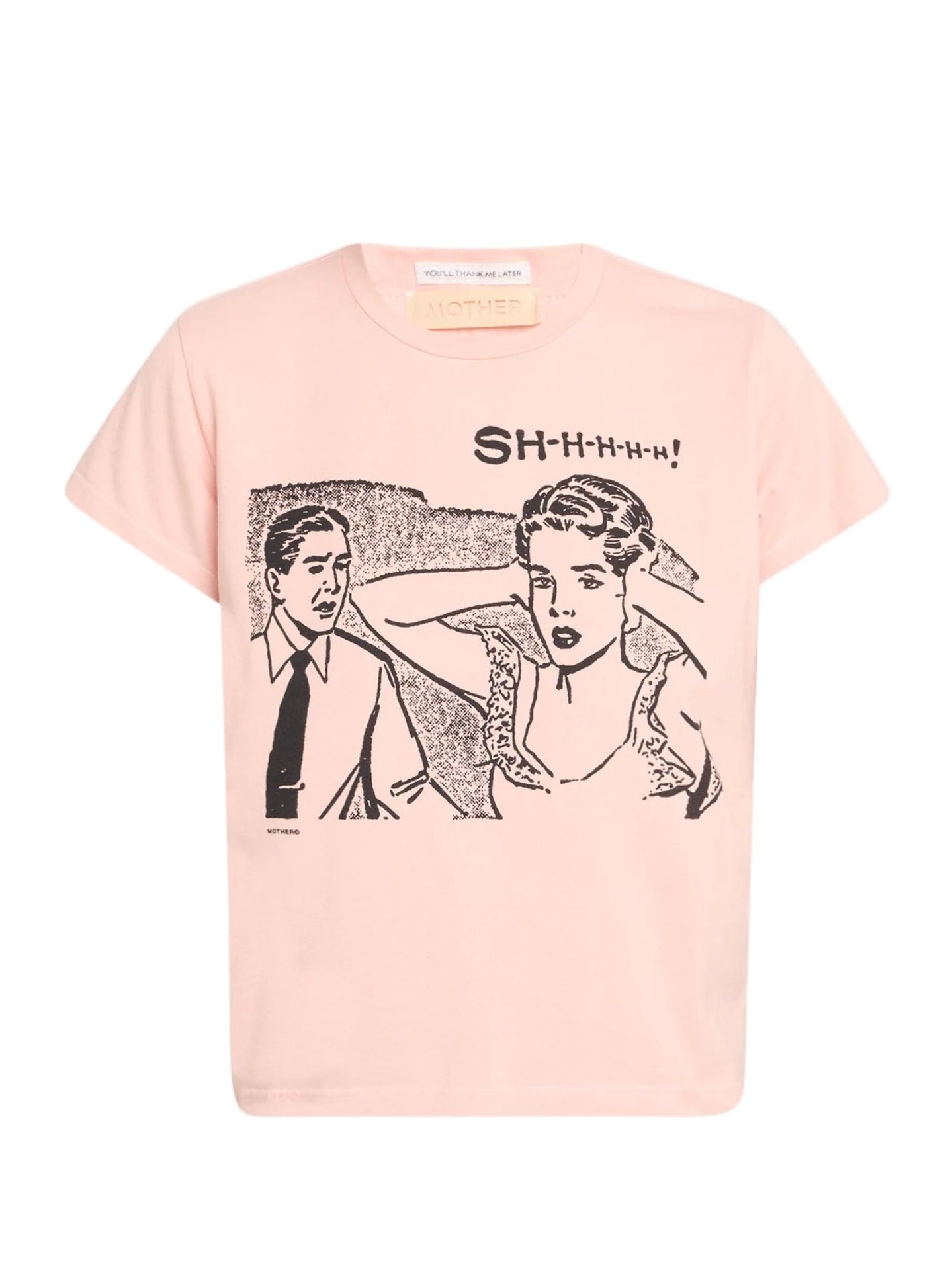 Pink t-shirt with graphic design and text on a white background