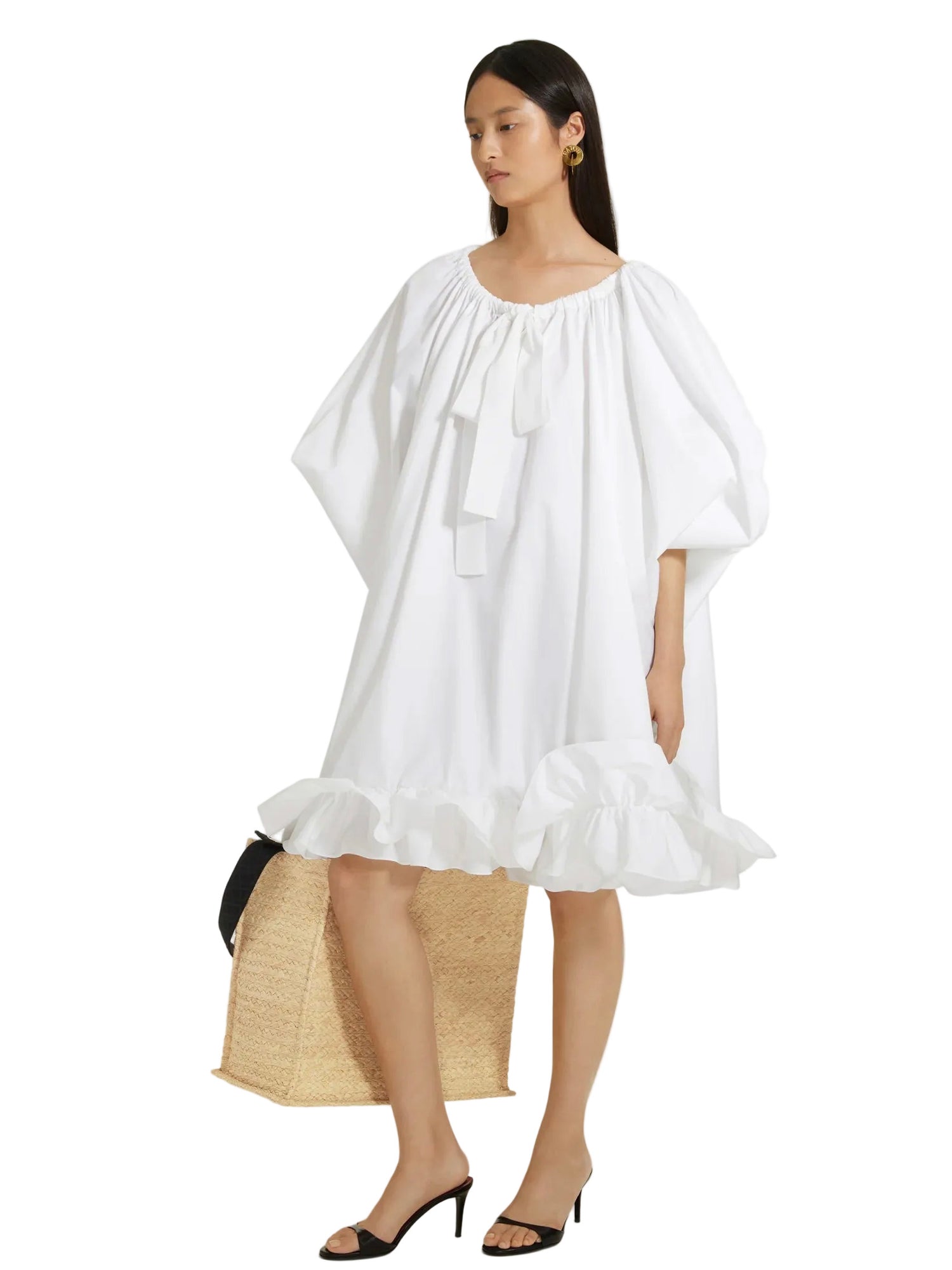 Grosgrain ruffle hem dress in organic cotton, white