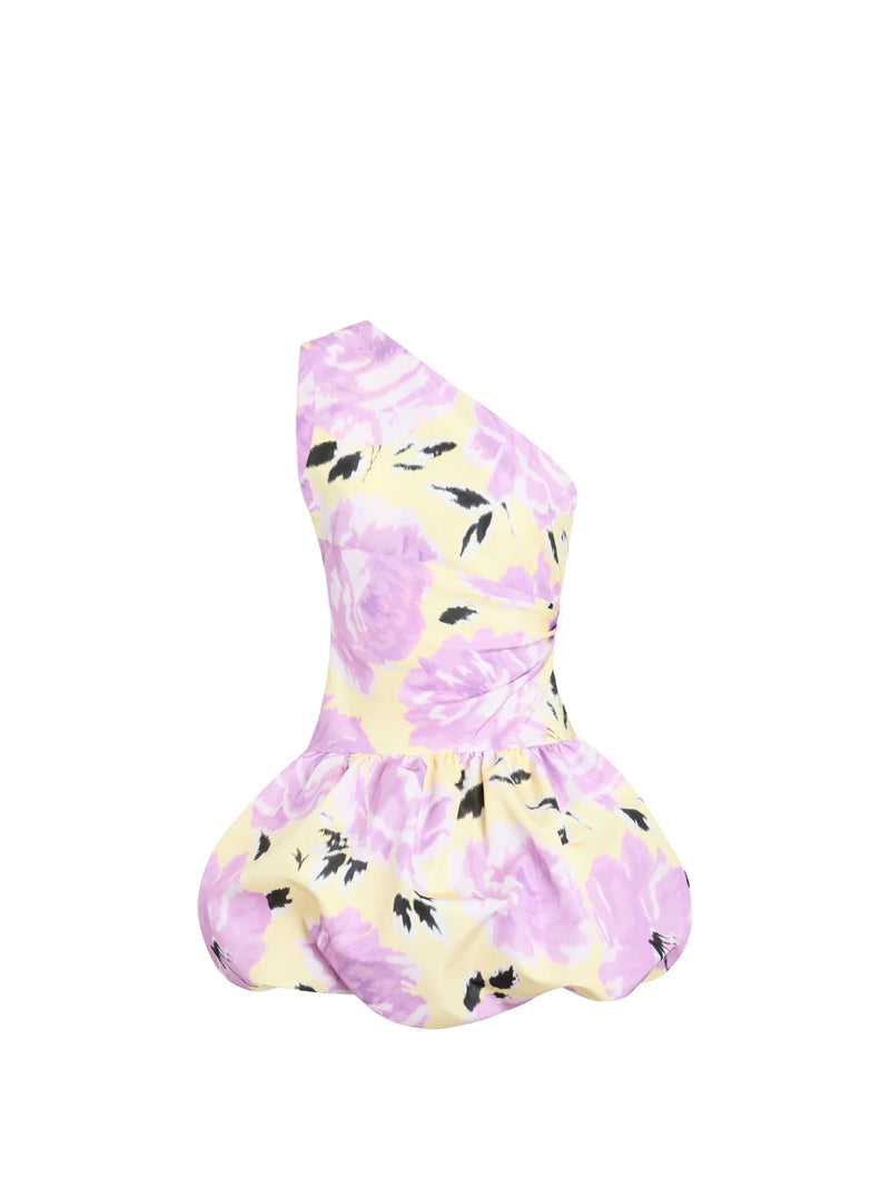 One-shoulder floral dress with purple and yellow pattern on a white background
