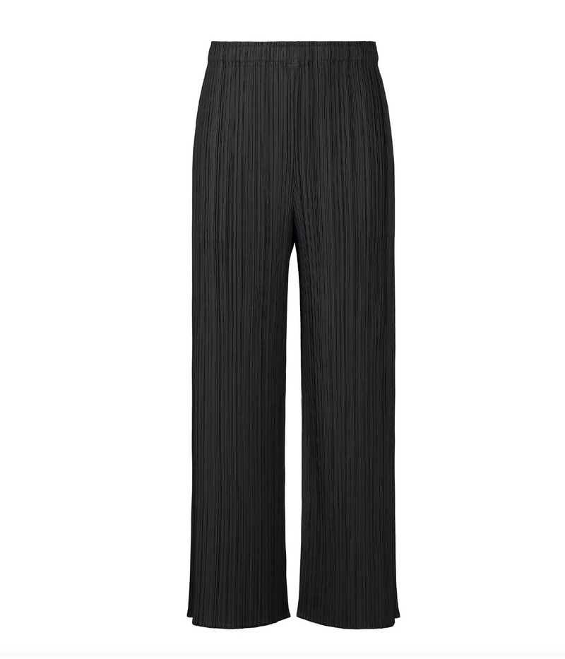 Black pleated pants on a white background