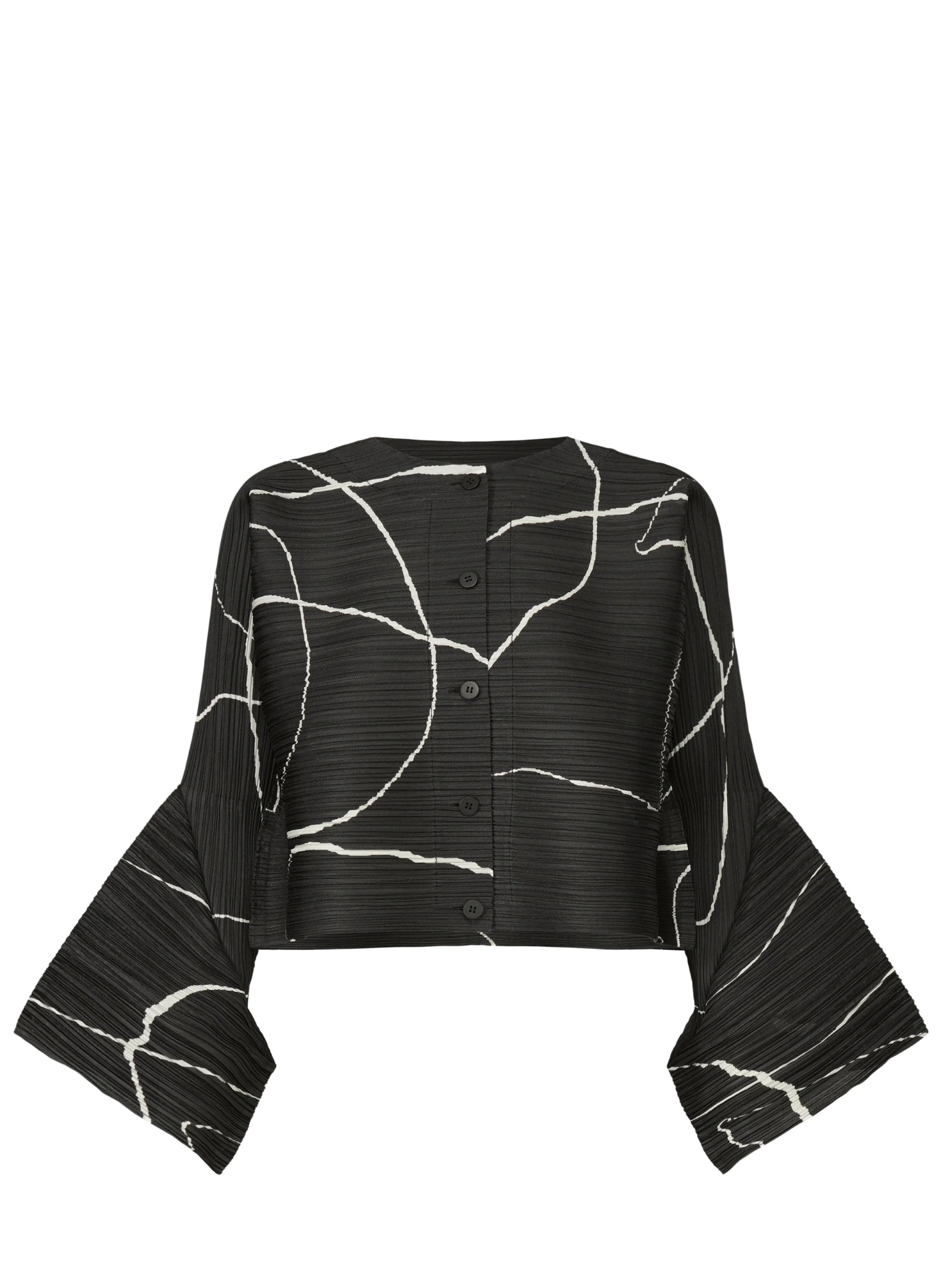 Black blouse with white abstract patterns on a white background