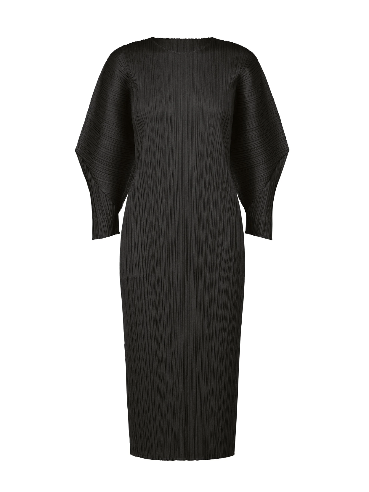 Black pleated dress with quarter-length sleeves on a white background