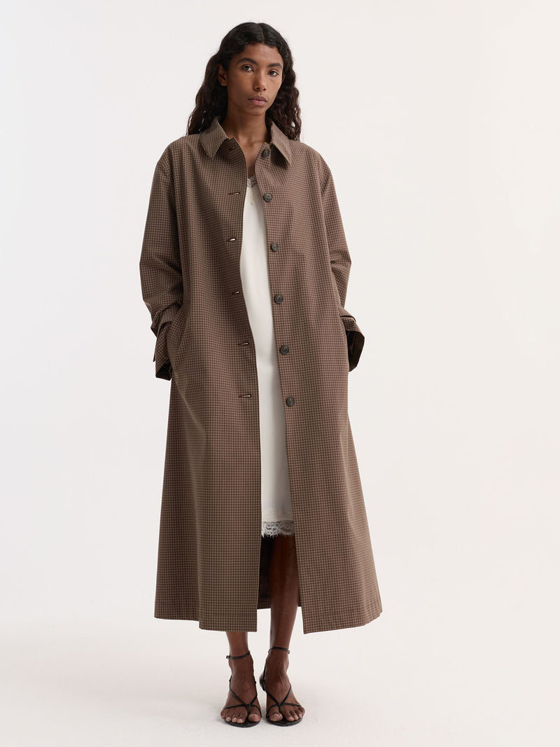 Technical check belted coat, brown multi check