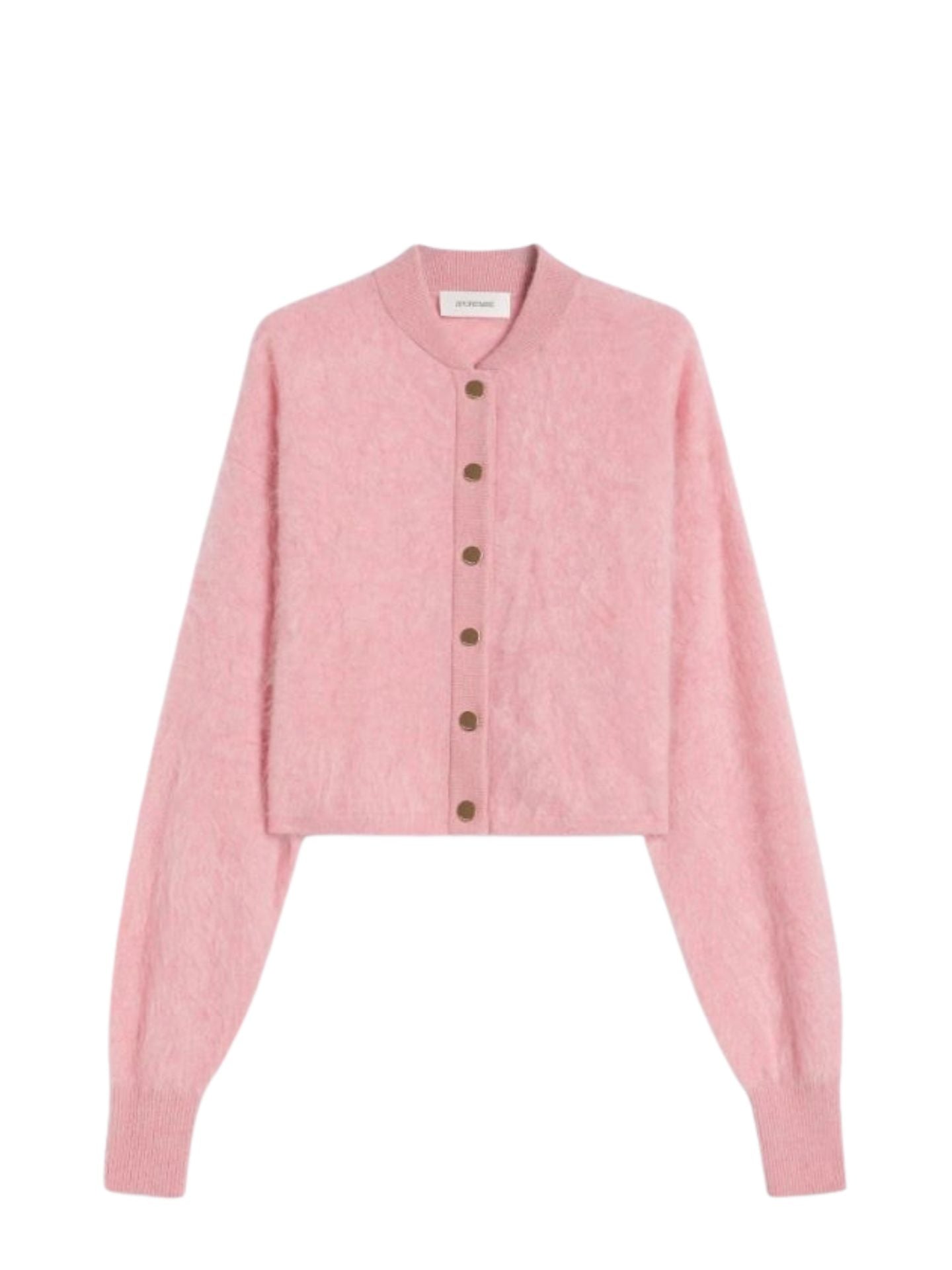 Pink cardigan with buttons on a white background