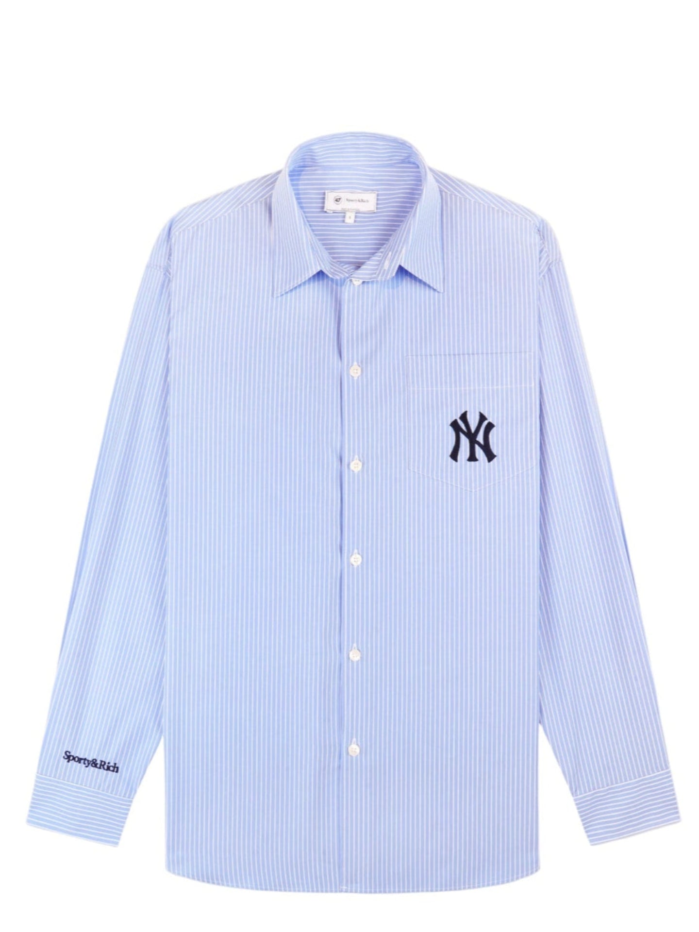 Light blue striped shirt with a logo on a white background