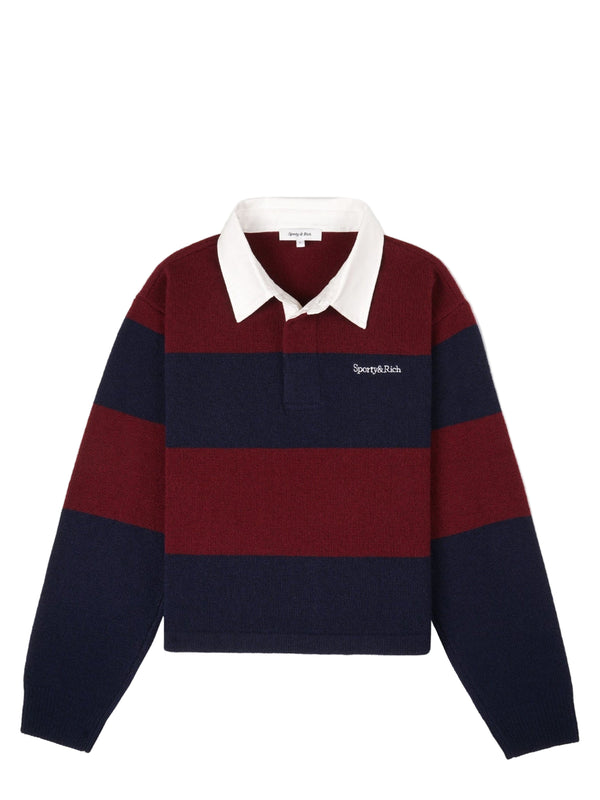 Striped sweater with a white collar on a light gray background