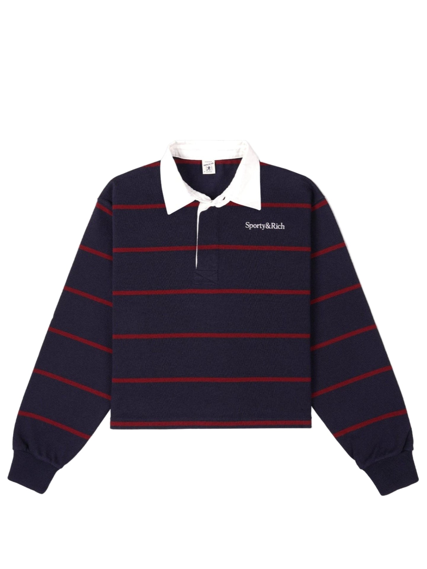 Navy rugby shirt with red stripes and white collar on a light gray background