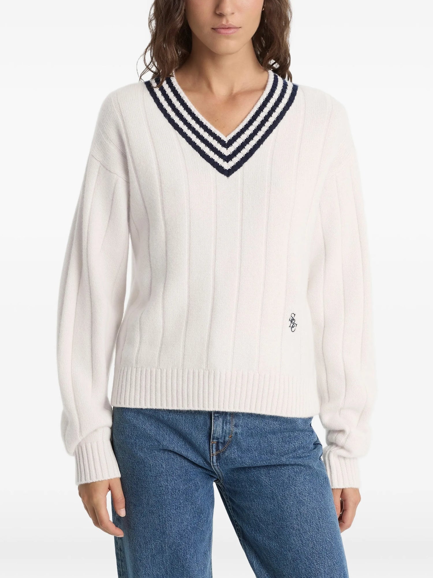 SRC cricket cashmere sweater, ecru-navy