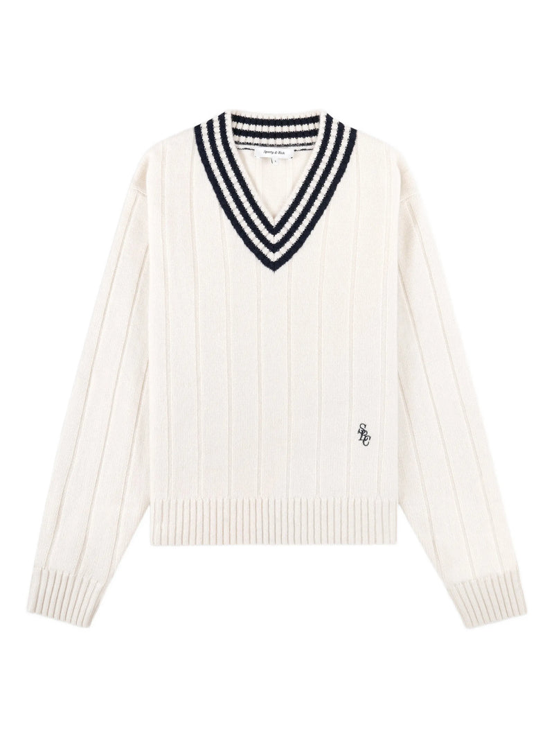 White sweater with a V-neck and black ribbed trim on a white background