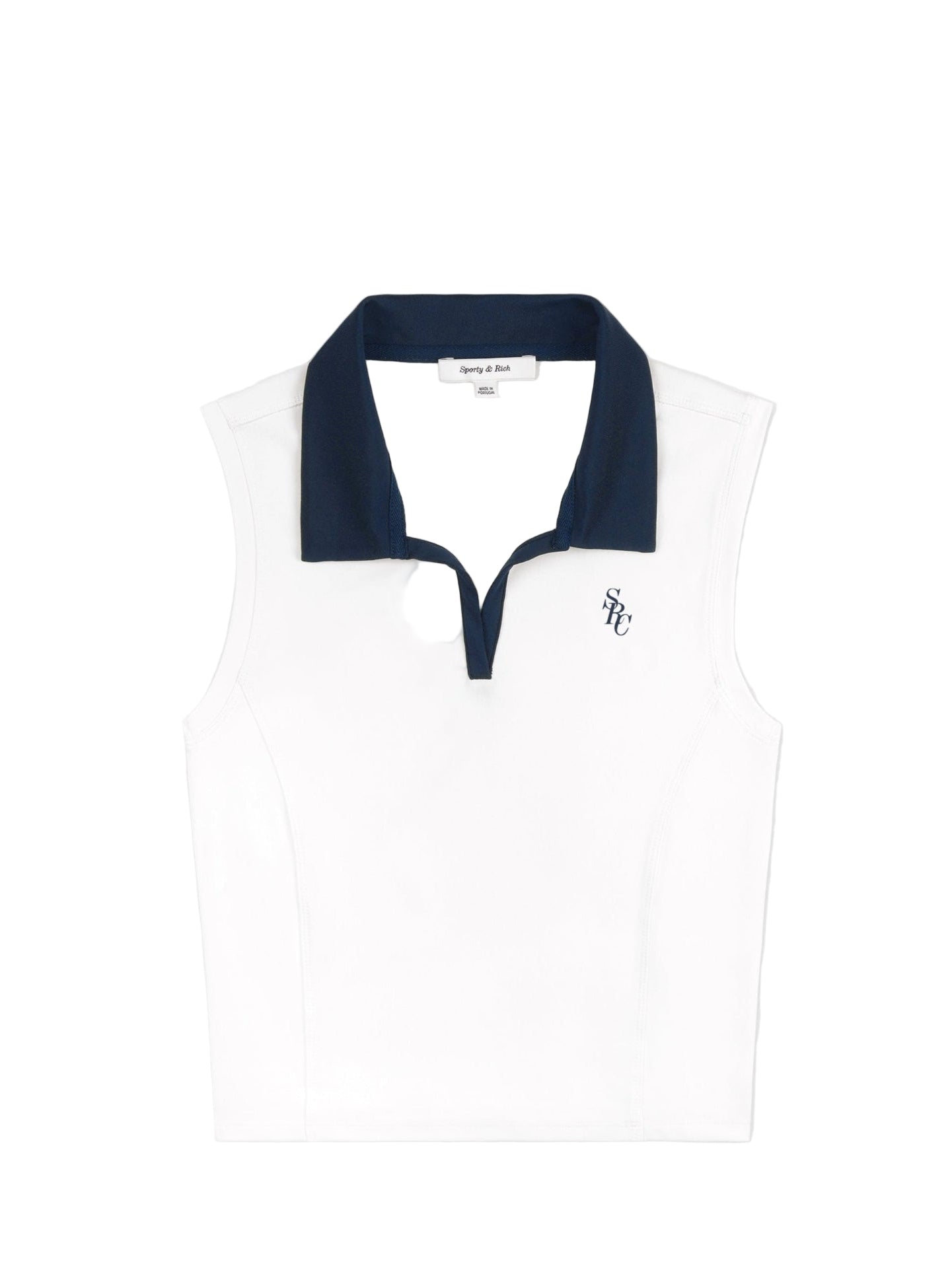 White sleeveless polo shirt with navy collar on a white background