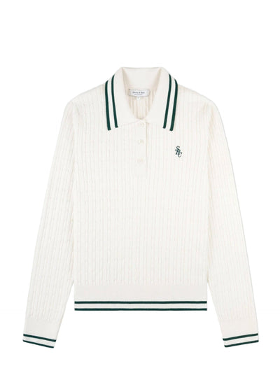 SRC mini cable long-sleeve knitted polo, ecru-forest green