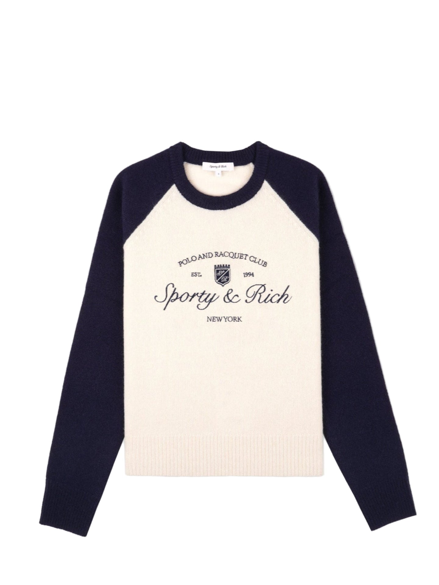 Navy and beige long-sleeve shirt with 'Sporty & Rich' branding on a light gray background