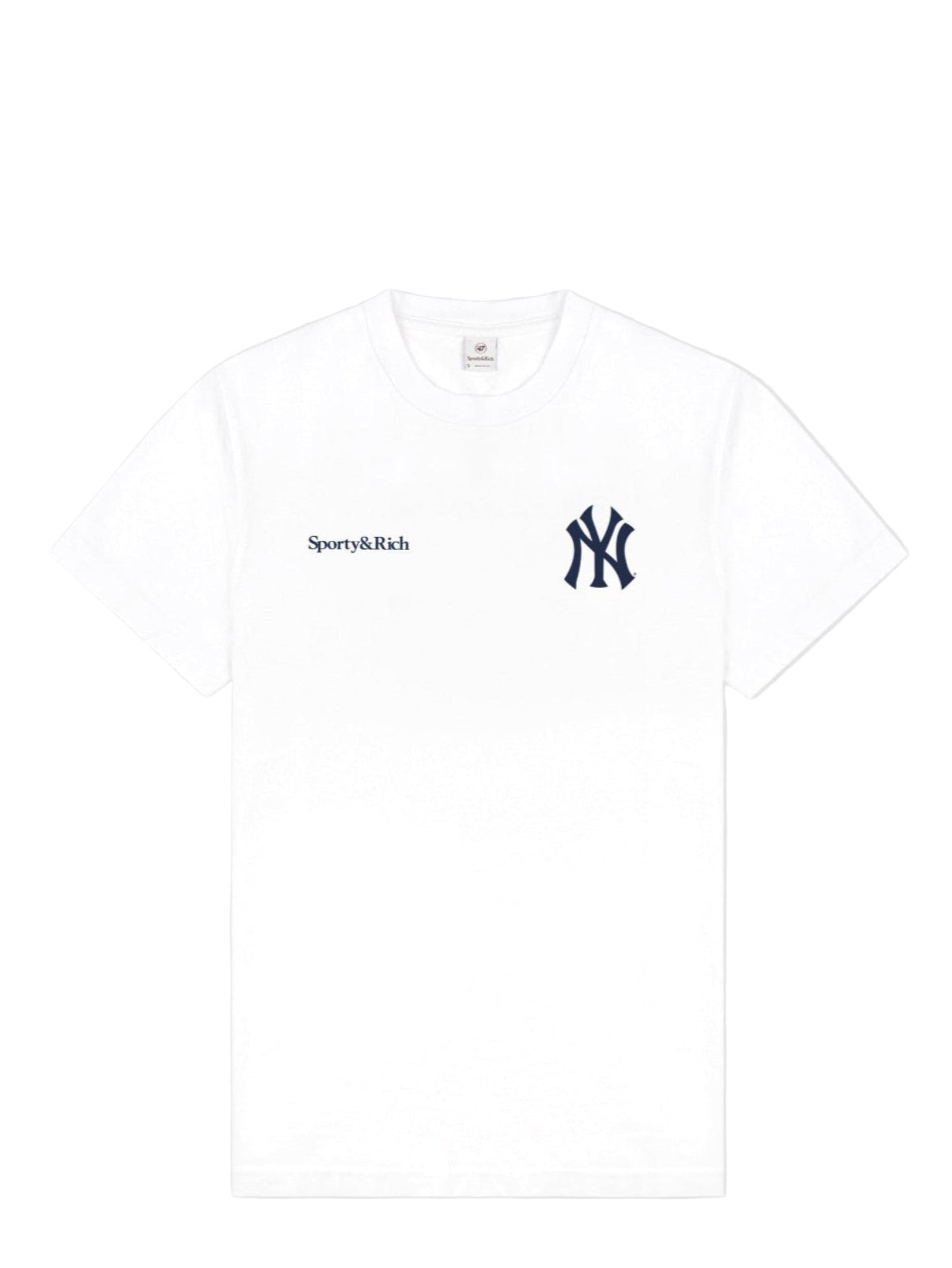 White t-shirt with a logo on a white background