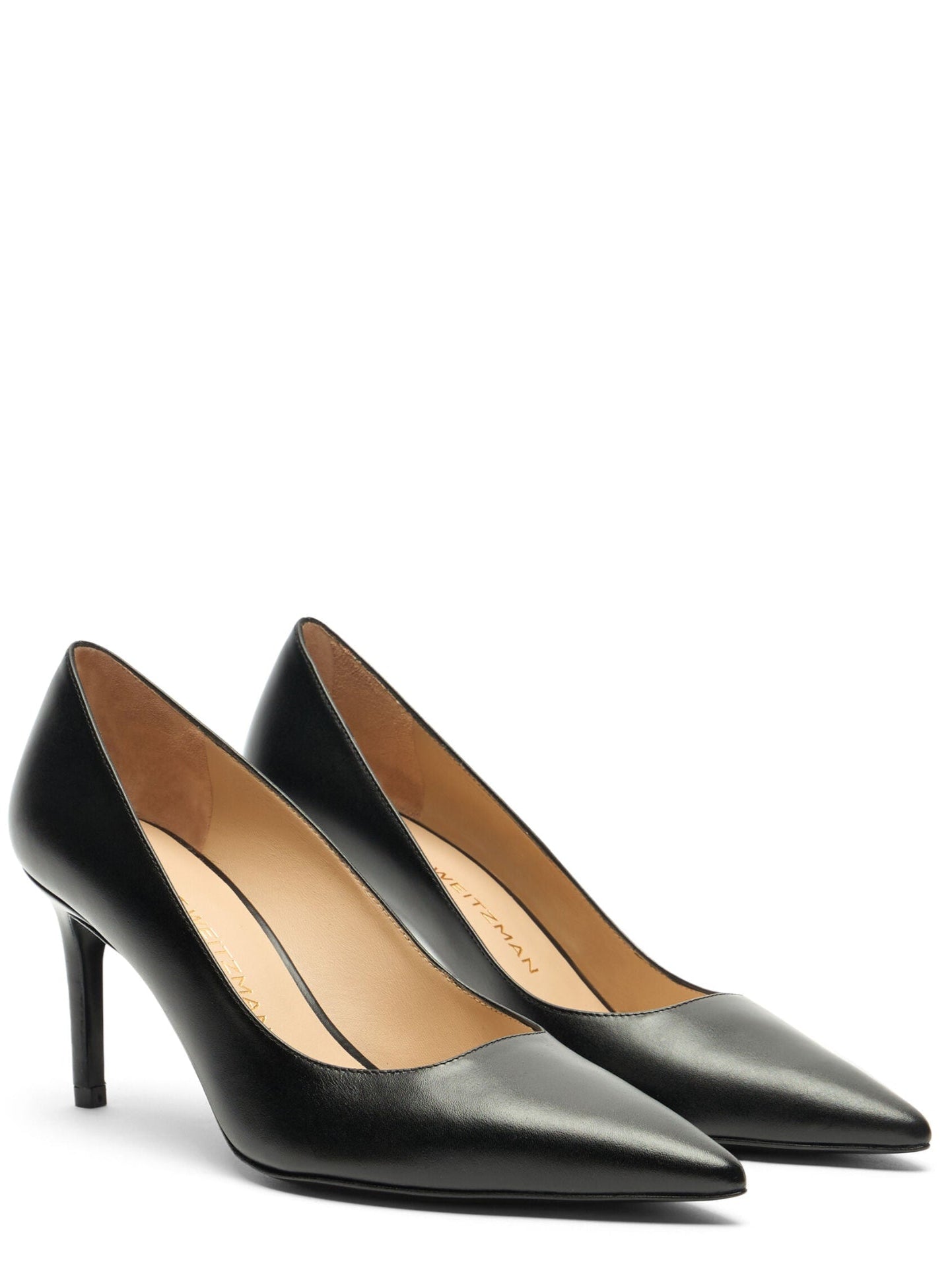 Pair of black high-heeled shoes on a white background