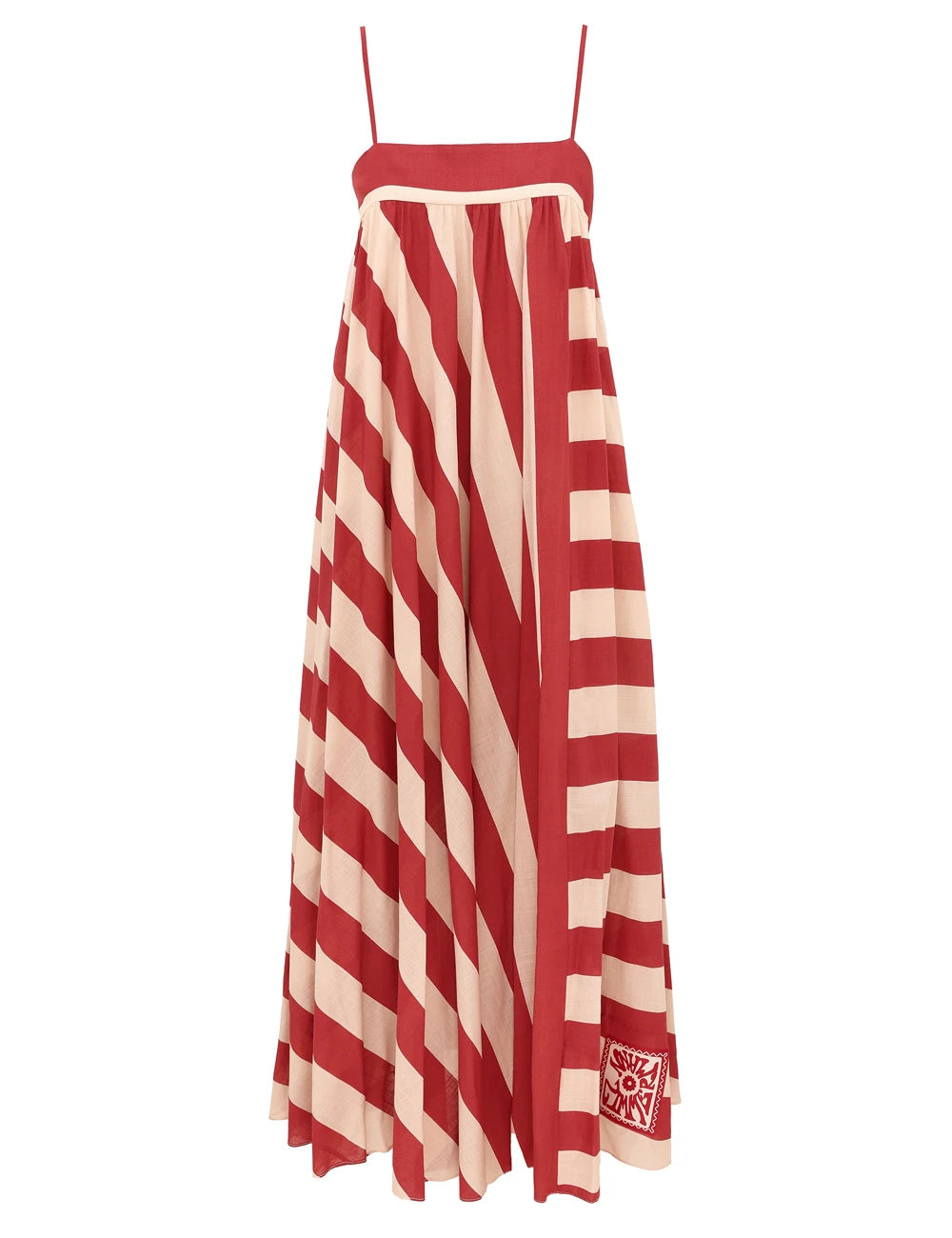 Red and ivory striped dress with thin straps on a white background