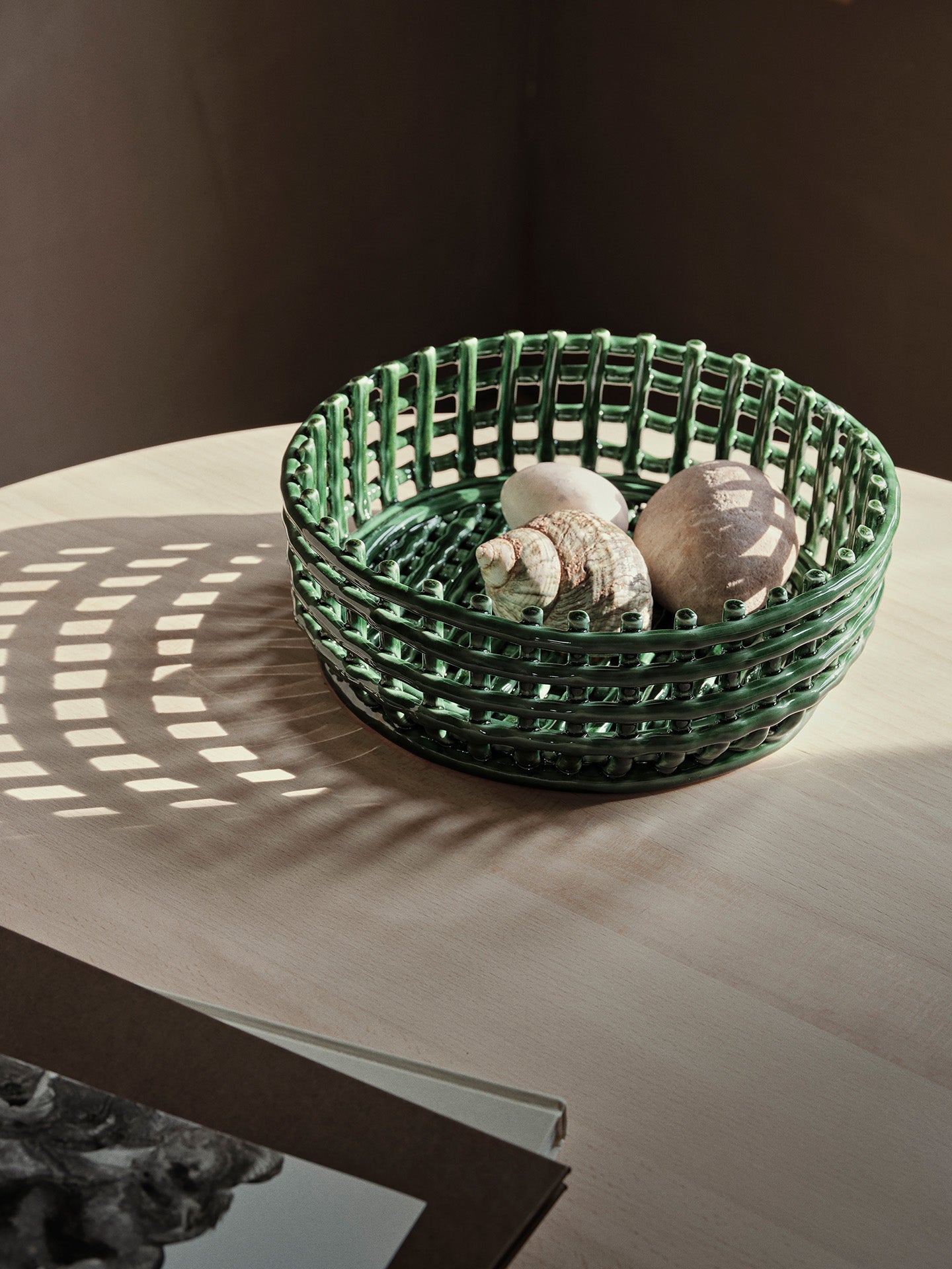 Ceramic basket centrepiece, emerald green