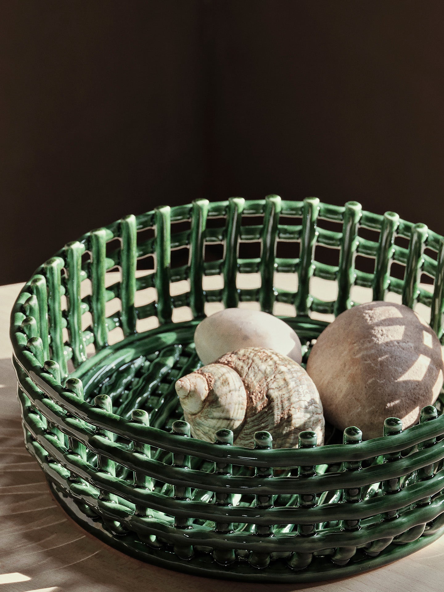 Ceramic basket centrepiece, emerald green