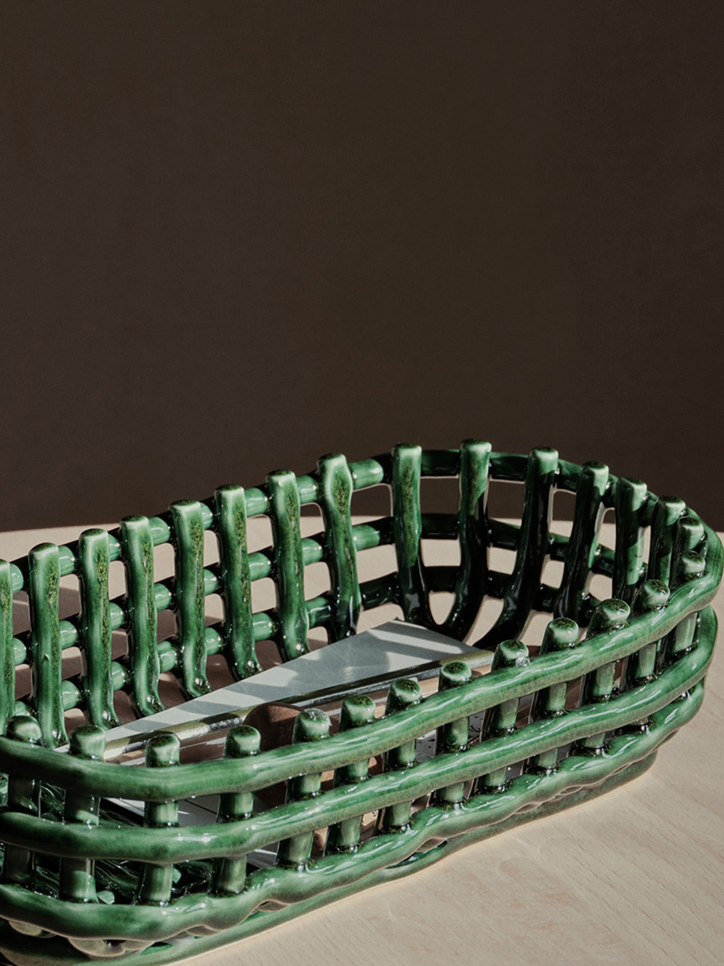 Ceramic oval basket, emerald green