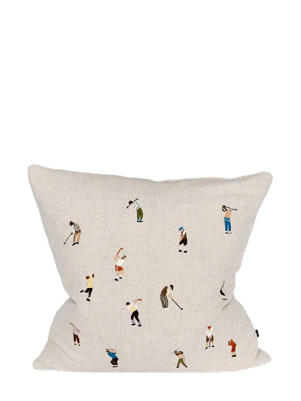 Golfers embroidered square cushion cover, natural (50 x 50 cm)