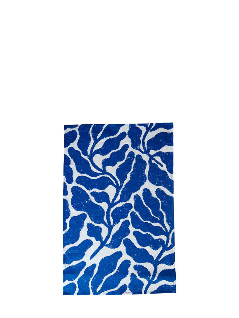 Leaves linen tea towel by Linnéa Andersson, blue