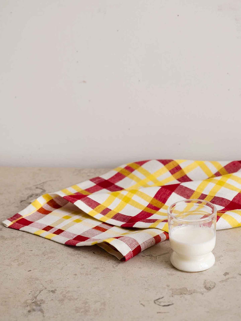 Grid woven tea towel, yellow-red