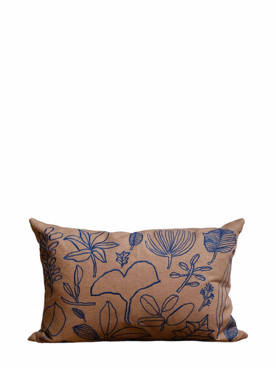 Botanic leaves embroidered cushion cover, brown-blue (40 x 60 cm)