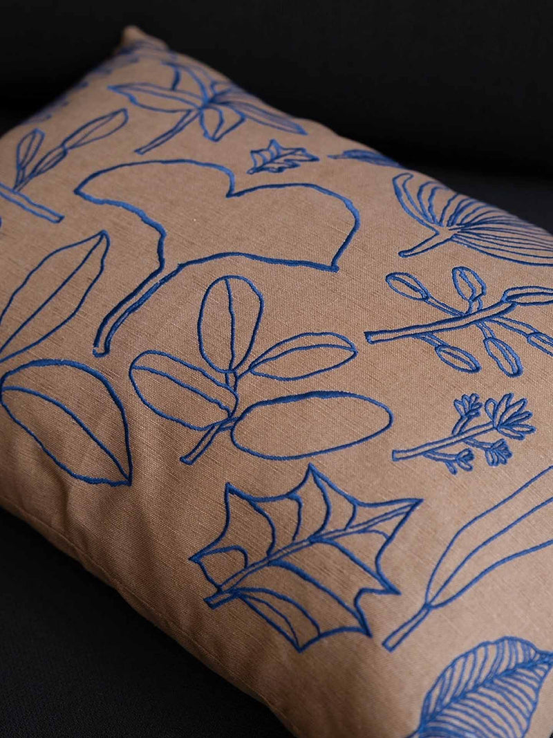 Botanic leaves embroidered cushion cover, brown-blue (40 x 60 cm)