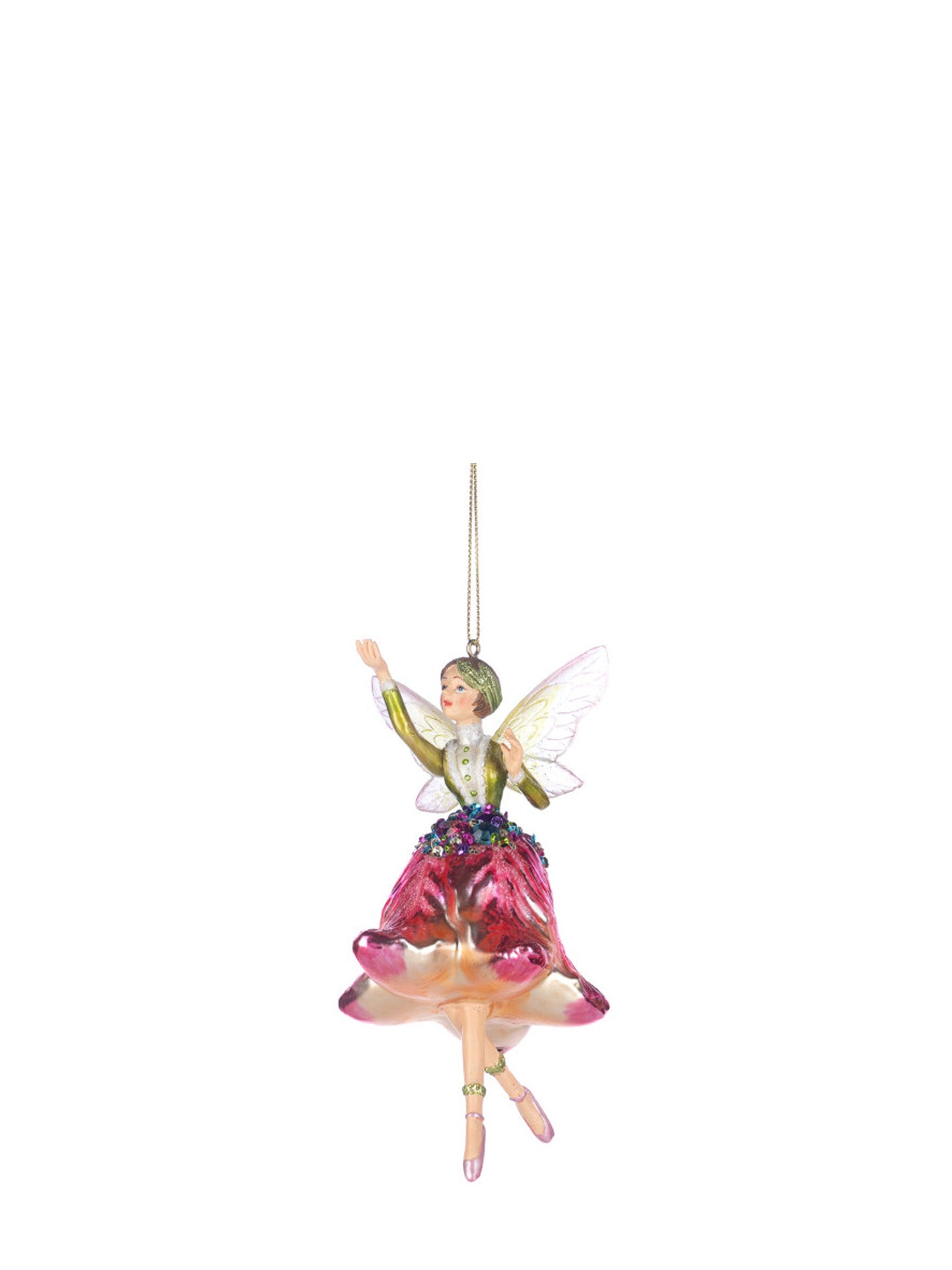 Flower fairy sequin glass ornament, pink