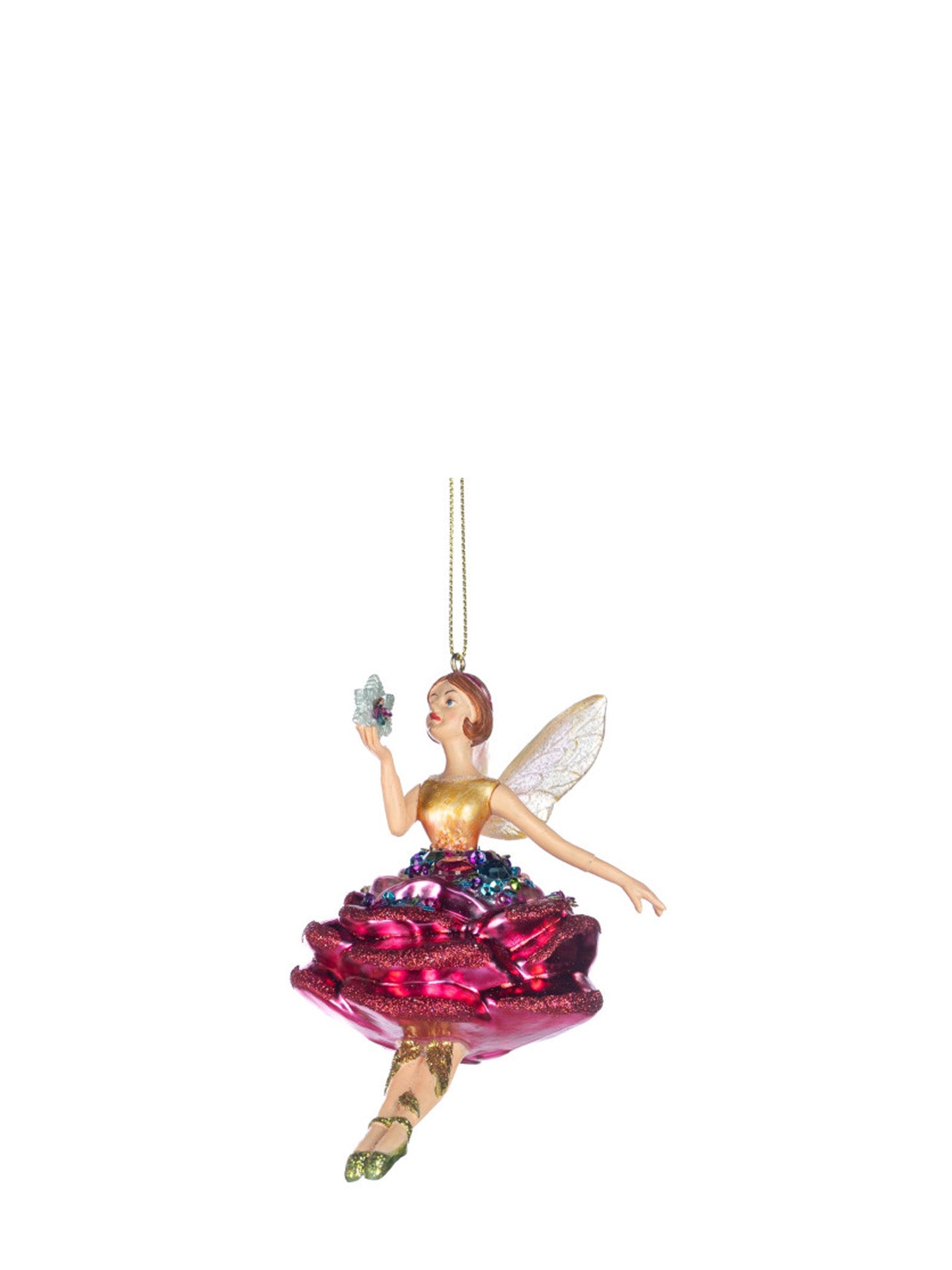 Flower fairy sequin glass ornament, ruby red