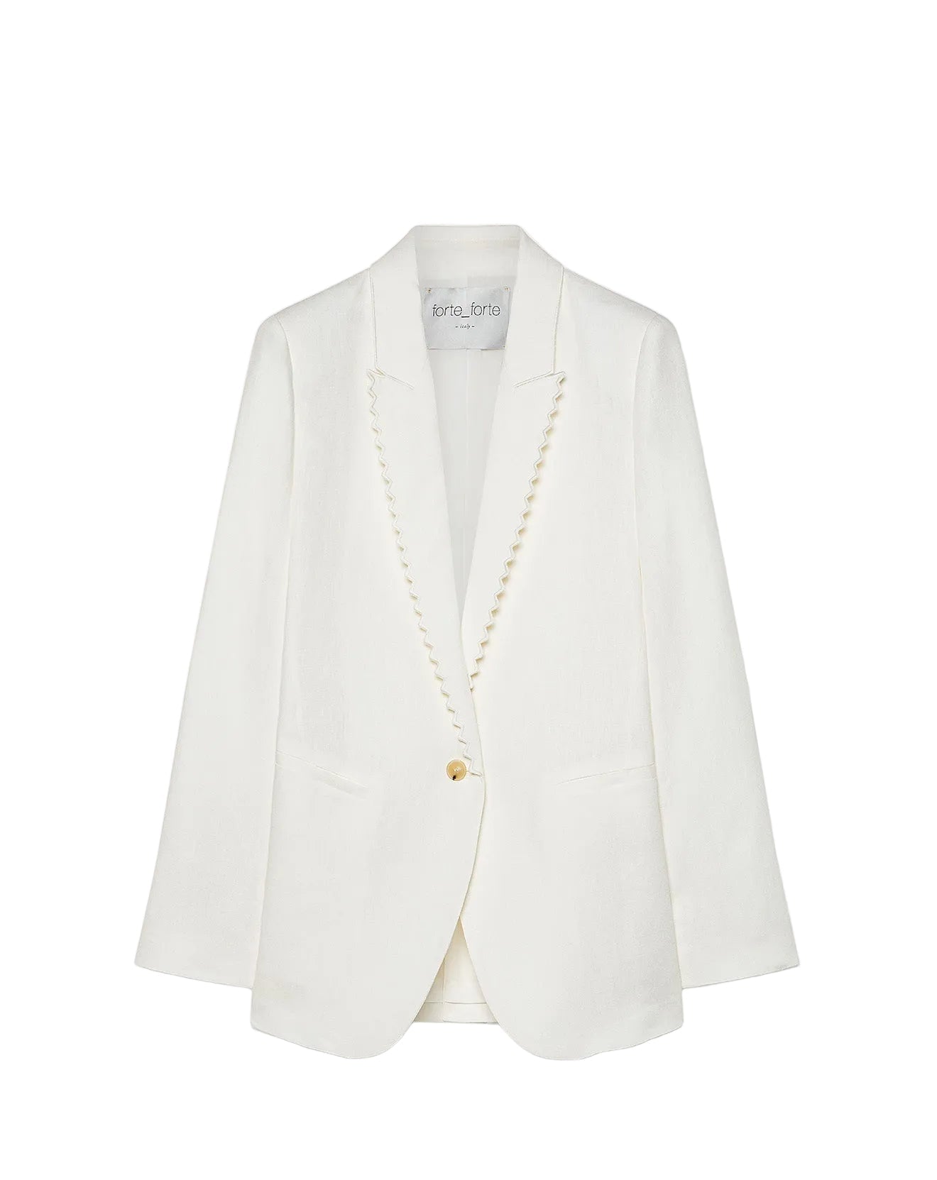 White blazer with pearl buttons on a light gray background