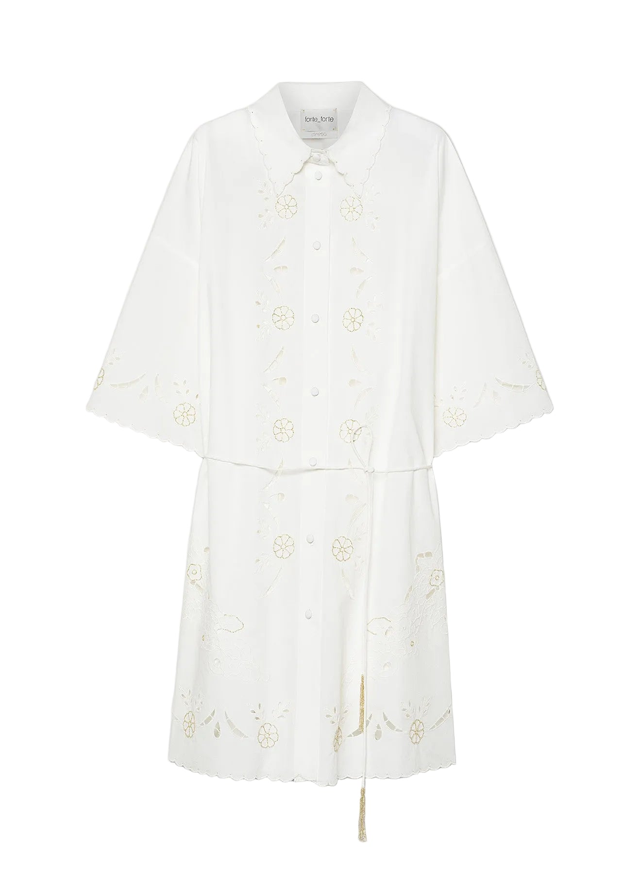 White shirt dress with floral embroidery on a white background