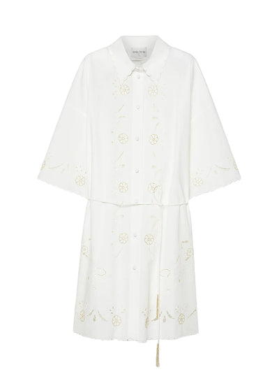 Lace and glass popline oversize belted shirt, crystal white