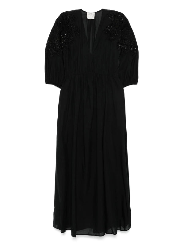 Botanical flower embroidery silk-cotton voile dress, black